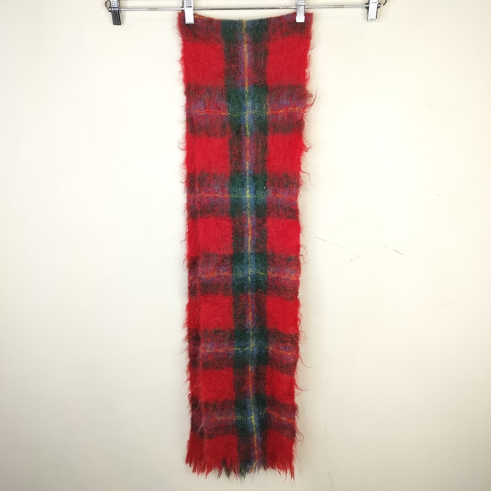 Glen Cree Vintage Mohair Scarf Red Plaid Scotland 82 x 10 Fuzzy Unisex